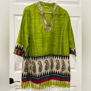 Soft Surroundings Green Sequined Tassel Long Sleeve Boho Tunic Top Petite Large